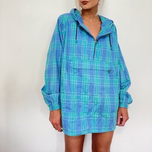 Vintage Men’s Quarter Zip Plaid Bright Pullover Golf Sporty Windbreaker Jacket - Picture 1 of 6
